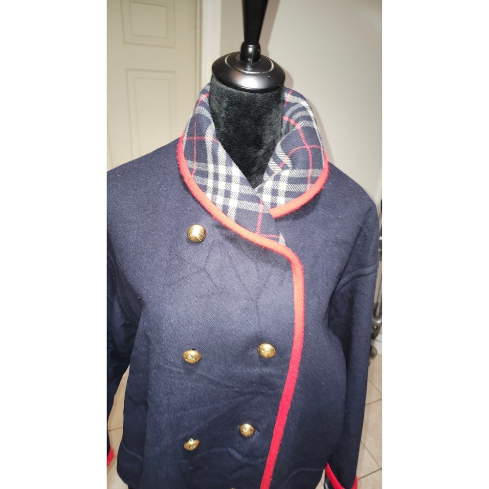 Burberrys Vintage Navy Wool Duffle Coat Nova Check Lining Red Piping England - Picture 3 of 11